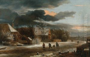 Winterlandschap met schaatsers bij een dorp by Jacob Van Ruisdael