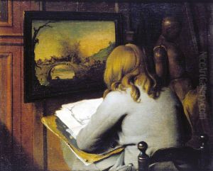 Young draughtsman copying a painting in a studio Young draughtsman copying a painting in a studio