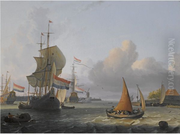 Shipping on the IJ, with Amsterdam mill De Bok on the bulwark Leeuwenburg (also called Blauwhoofd) in the middle, and the Toll house at the right - view 1