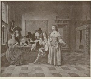 Elegant company playing cards by Pieter De Hooch