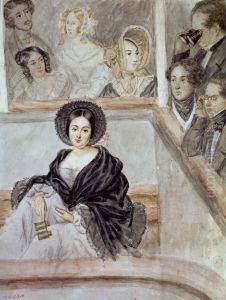 Portrait d'Alphonsine dite Marie Duplessis (la Dame aux Camelias), assise au balcon d'un theatre by Camille Roqueplan