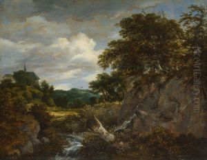 Hilly landscape with a chapel by Jacob Van Ruisdael