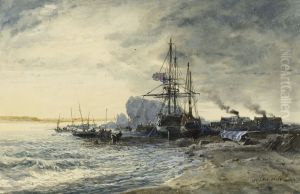 Fishing boats on the seashore by Jules Achille Noel