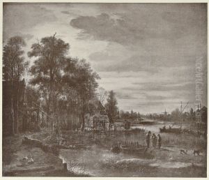 Moonlight River landscape with figures by Aert van der Neer