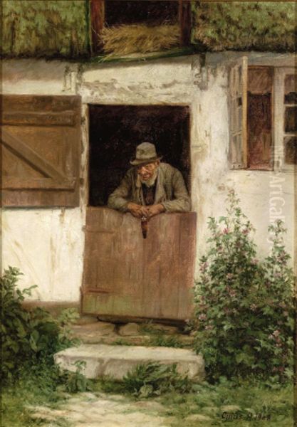 Man in a stable door, smoking a pipe. - view 1