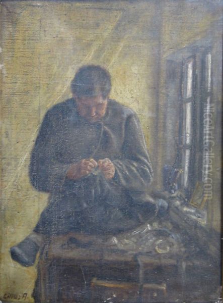 Interior with a woman sewing. - view 1