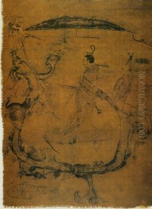 silk painting depicting a man riding a dragon by unknown