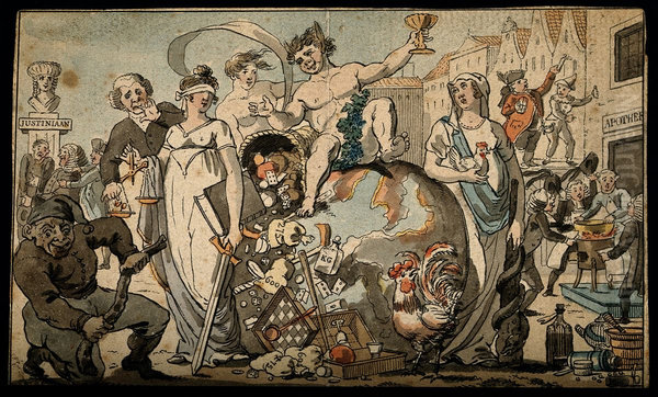 A drunken satyr cavorts atop the globe; to his right physici - view 1