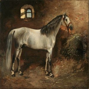 Whiteand Grey Horse In A Stable by Aleksandr Dmitrievich Chirkin