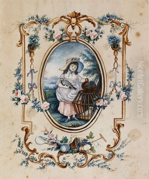 Girl with Birds in Wicker Cage - view 1