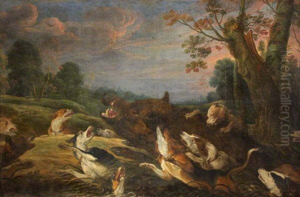 Dogs attacking a wild boar - view 1