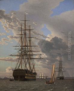 Det russiske linjeskib "Asow" og en fregat til ankers pa Helsingors red by Christoffer Wilhelm Eckersberg