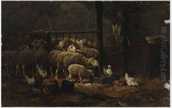 Sheep and Chickens in a Barn - view 1