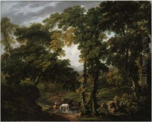 A Wooded River Landscape with Figures and Horses at a Ford and Fallow Deer in a Clearing by George Barret, Sr.