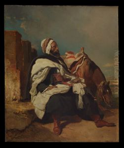 Seated Arab Man with Horse by Alfred De Dreux