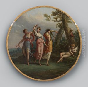 Three dancing nymphs and a reclining cupid in a landscape Three dancing nymphs and a reclining cupid in a landscape