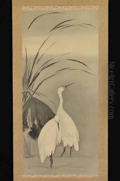 Two Egrets and Lotus - view 1