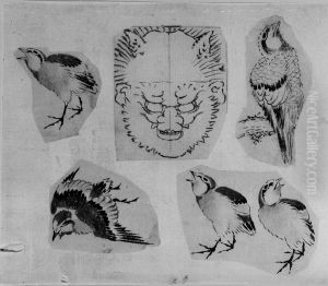 Four sketches of birds and one design for a grotesque mask, mounted together by Katsushika Hokusai