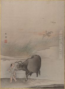 Boy with Cow at the River's Edge by Hashimoto Gaho