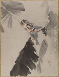 Three Birds on Branch by Watanabe Shotei