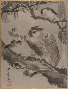 Owl Mocked by Small Birds by Kawanabe Kyosai