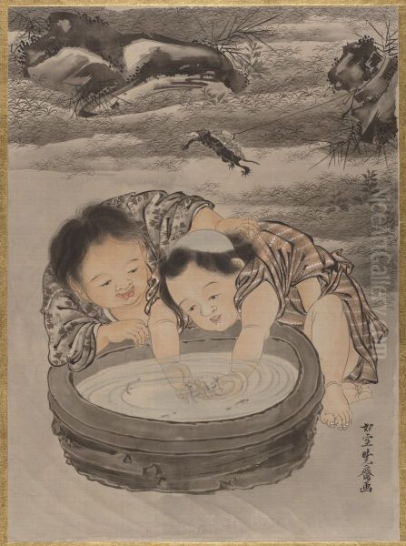 Two Children Playing with Goldfish - view 1