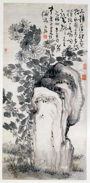 Chrysanthemums by a Rock - view 1