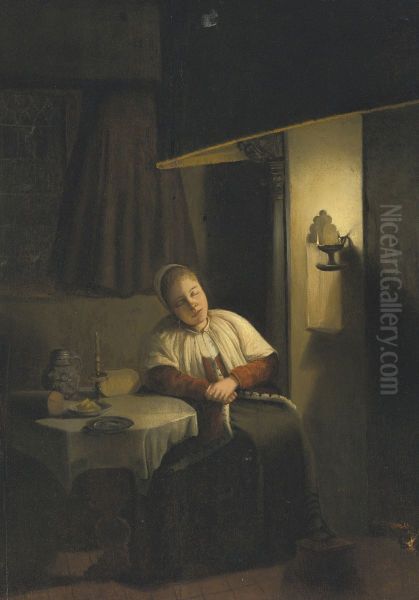 Woman dozing near a hearth - view 1