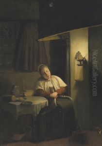 Woman dozing near a hearth by unknown