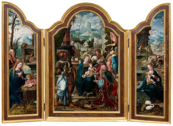 Triptych - central panel - The Adoration of the Magi; wings - The Nativity; and The Rest on the Flight into Egypt - view 1