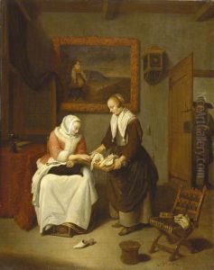 Interior with a maid offering fish to a woman