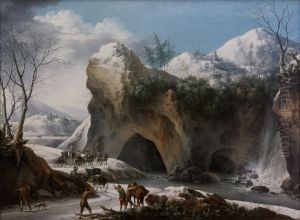 Paysage montagneux sous la neige avec diligence
