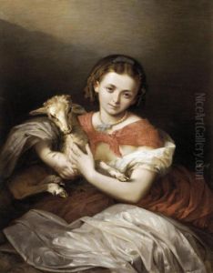 Young Girl With A Lamb by Romuald Chojnacki