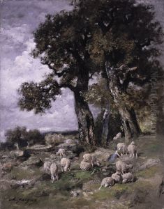 Sheep in the Shelter of the Oaks by Charles Jacque