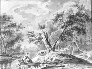 River Landscape with Man in Rowing Boat and Tree-Lined Shore by Johannes Hermanus Koekkoek Snr