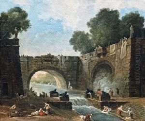 Landscape with bridgeFrancais:Paysage au pontItaliano:Paesaggio al ponte by Hubert Robert