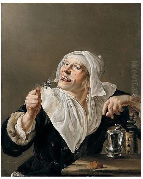 An old woman drinking from a wine glass - view 1
