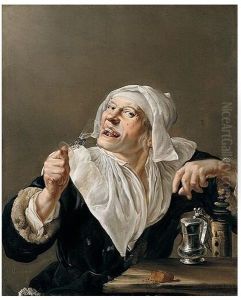 An old woman drinking from a wine glass by Petrus Staverenus