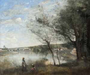 Corbeil vu de loin: Derriere les arbres, le Matin by Jean-Baptiste Camille Corot