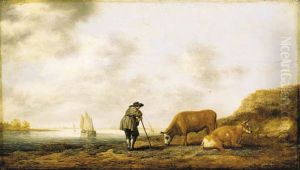 Rivieroever met een herder, een stier en een koe by Aelbert Cuyp