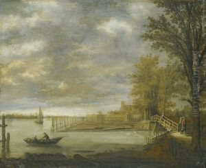 View of Dordrecht from the south, on the foreground the lumber yards by Aelbert Cuyp