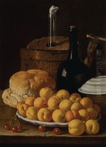 Still life with a plate of apricots, cherries, bread, a wine cooler and receptacles