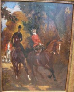 Couple De Cavaliers Et Chasse A Courre by Rene Maxime Choquet