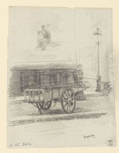 View of a street with a barrow, a streetlamp and a man sitting on a bench