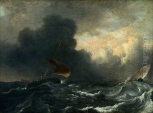 Storm op zee; rechts in de verte een kustlijn en de contouren van een toren by Ludolf Bakhuizen