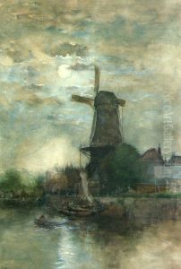 A Moonlit Windmill by Fredericus van Rossum du Chattel