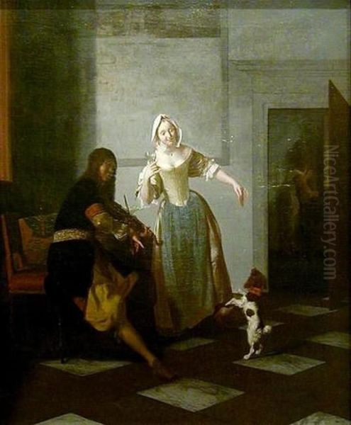 Violin player and a young woman playing with a dog - view 1