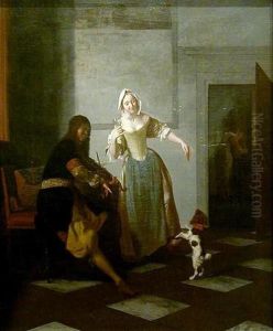 Violin player and a young woman playing with a dog
