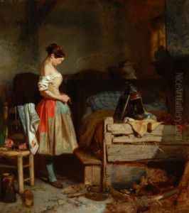 Farm Girl at Her Toilet, Lacing Her Corset
