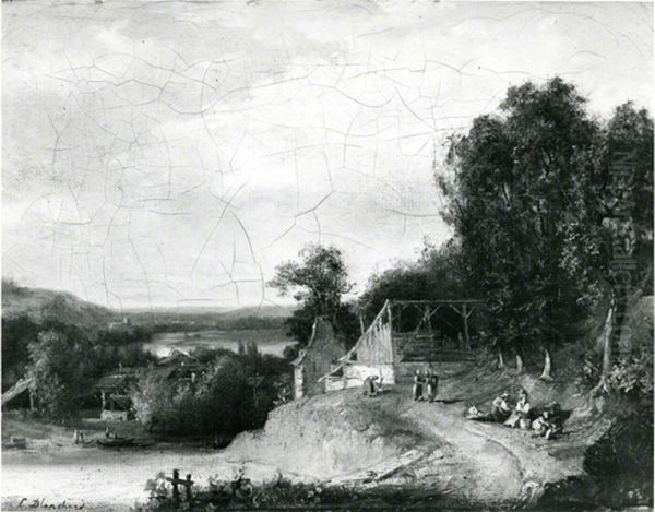 Woody Landscape with Buildings and Figures above a River - view 1